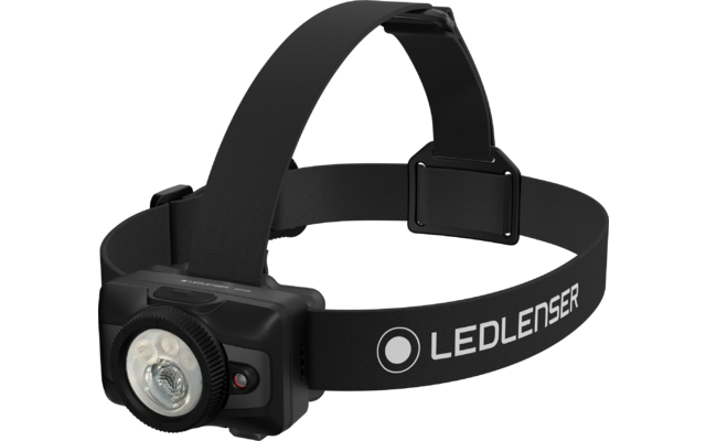 Lampe frontale noire avec bande élastique réglable, phare avant rond, bouton rouge et logo "LEDLENSER" sur la bande