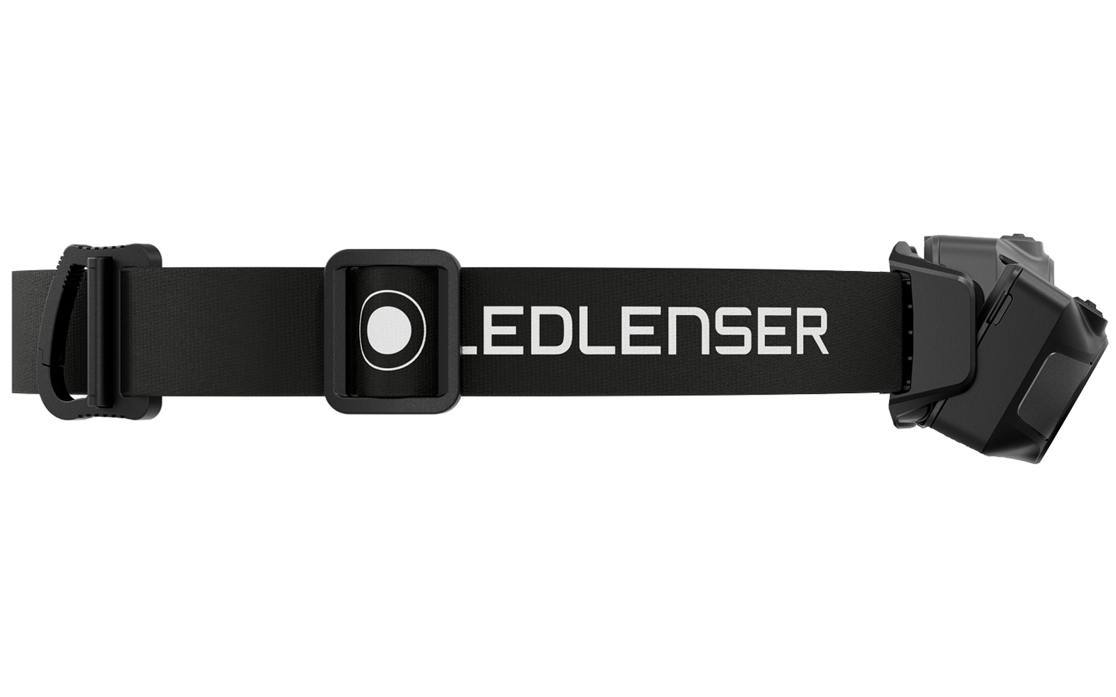 Schwarzes elastisches Stirnband mit weißem Schriftzug "LEDLENSER", mittig ein quadratisches Bedienelement mit rundem Knopf, verstellbare Schnalle links, abgewinkeltes Lampengehäuse rechts
