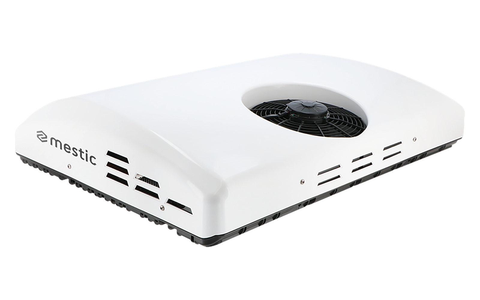 Weißes elektronisches Gerät mit Lüfter und mehreren Luftschlitzen, Ansicht von vorne und oben