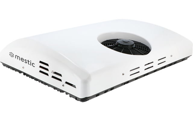 Weißes elektronisches Gerät mit Lüfter und mehreren Luftschlitzen, Ansicht von vorne und oben