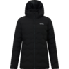 Giacca trapuntata nera con cappuccio, zip frontale completa e logo bianco sul petto