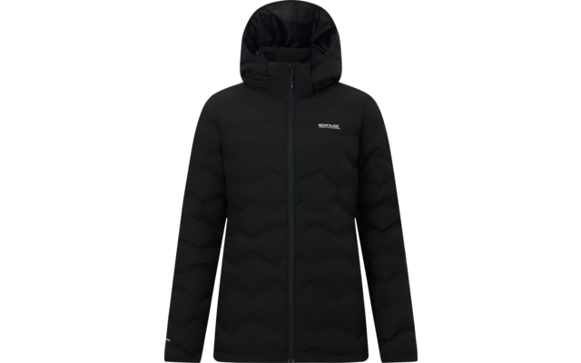 Giacca trapuntata nera con cappuccio, zip frontale completa e logo bianco sul petto