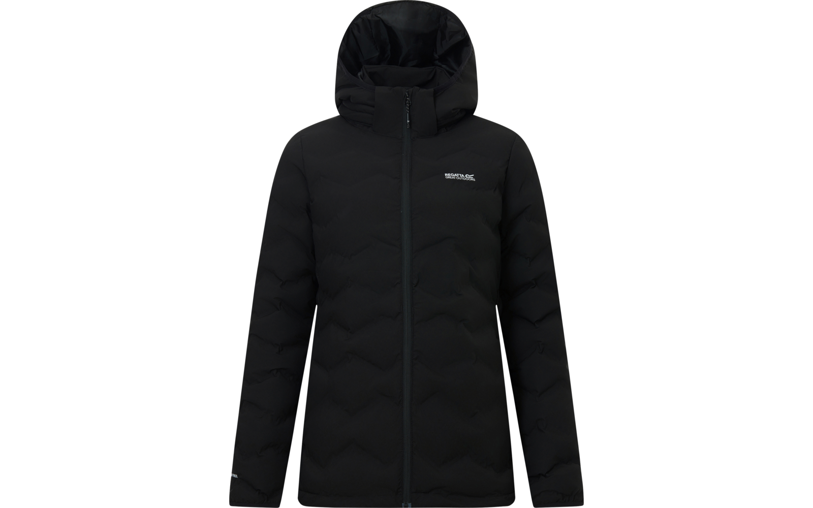 Giacca trapuntata nera con cappuccio, zip frontale completa e logo bianco sul petto