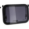 Fenêtre en verre rectangulaire avec cadre noir et coins arrondis sur fond blanc