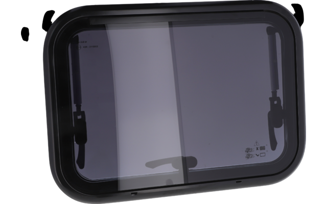 Fenêtre en verre rectangulaire avec cadre noir et coins arrondis sur fond blanc
