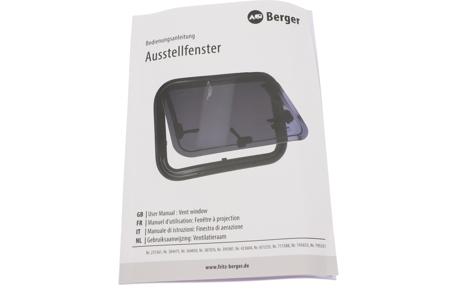 Weiße Bedienungsanleitung mit Berger-Logo oben rechts, den Worten 'Bedienungsanleitung' und 'Ausstellfenster' und Foto eines schwarzen, rechteckigen Fensters mit abgerundeten Ecken