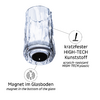 Glas mit strukturiertem Design, unten Magnet im Glasboden, Hinweis auf kratzfesten High-Tech Kunststoff