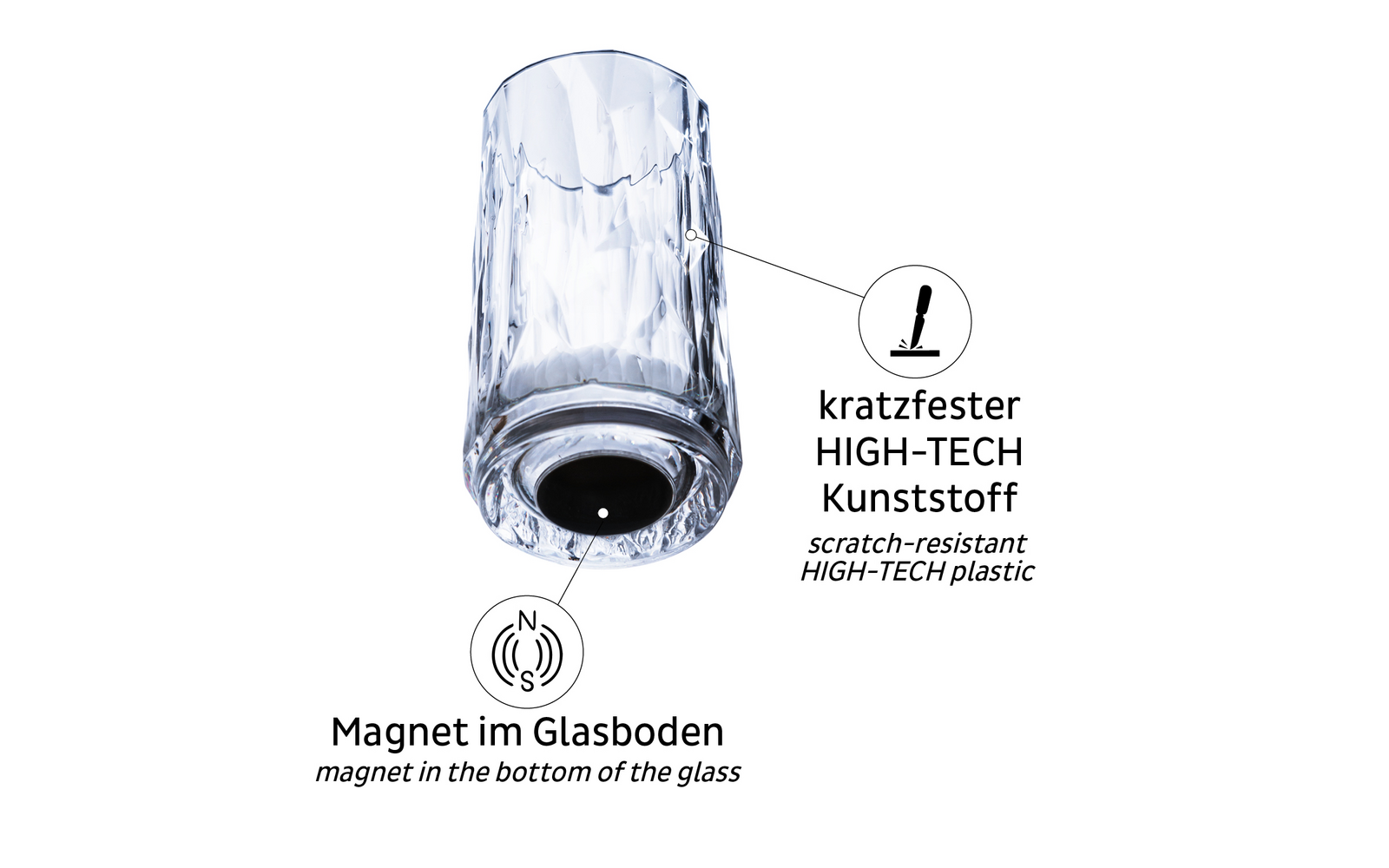 Glas mit strukturiertem Design, unten Magnet im Glasboden, Hinweis auf kratzfesten High-Tech Kunststoff