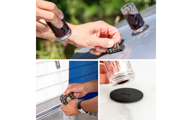 Dreiteilige Collage: Oben Hände setzen zwei kleine Gläser mit dunkler Flüssigkeit auf eine glänzende Metallfläche. Unten links Hände spülen eine runde schwarze, geriffelte Unterlage unter fließendem Wasser. Unten rechts Nahaufnahme der runden schwarz