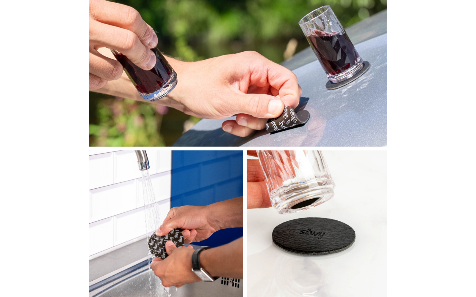 Dreiteilige Collage: Oben Hände setzen zwei kleine Gläser mit dunkler Flüssigkeit auf eine glänzende Metallfläche. Unten links Hände spülen eine runde schwarze, geriffelte Unterlage unter fließendem Wasser. Unten rechts Nahaufnahme der runden schwarz