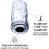 Glas mit strukturiertem Design, unten Magnet im Glasboden, Hinweis auf kratzfesten High-Tech Kunststoff