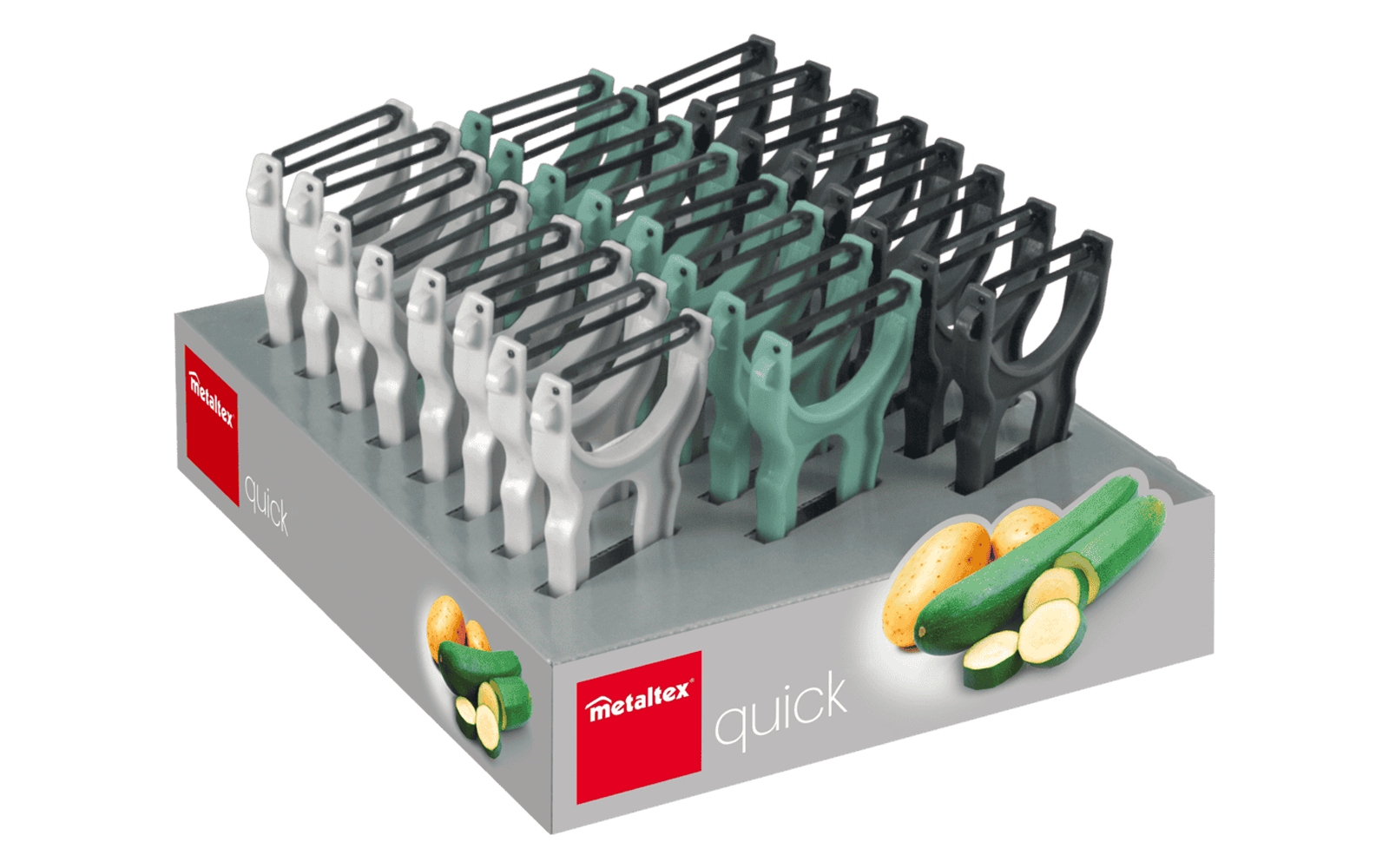 Mehrere Gemüse-Schäler in den Farben weiß, grün und schwarz auf einer grauen Verkaufsverpackung mit Bildern von Kartoffeln und Zucchini