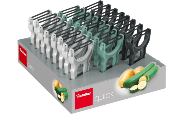 Mehrere Gemüse-Schäler in den Farben weiß, grün und schwarz auf einer grauen Verkaufsverpackung mit Bildern von Kartoffeln und Zucchini