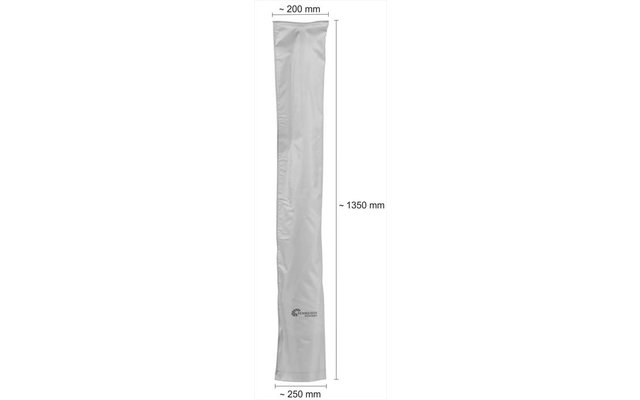 Hellgraue, längliche Tasche mit Nähten und aufgedrucktem Logo; daneben Maßangaben: ~200 mm (oben), ~250 mm (unten), ~1350 mm (Höhe)