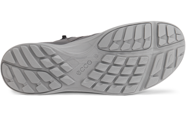 Suela de zapato gris claro con dibujo de la banda de rodadura y logo ecco