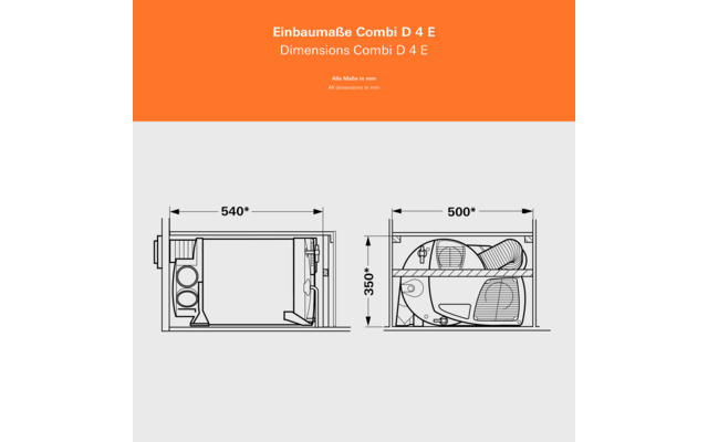 Technische Zeichnung einer Einbaumikrowelle Combi D 4 E mit Abmessungen 540 mm Breite und 560 mm Tiefe