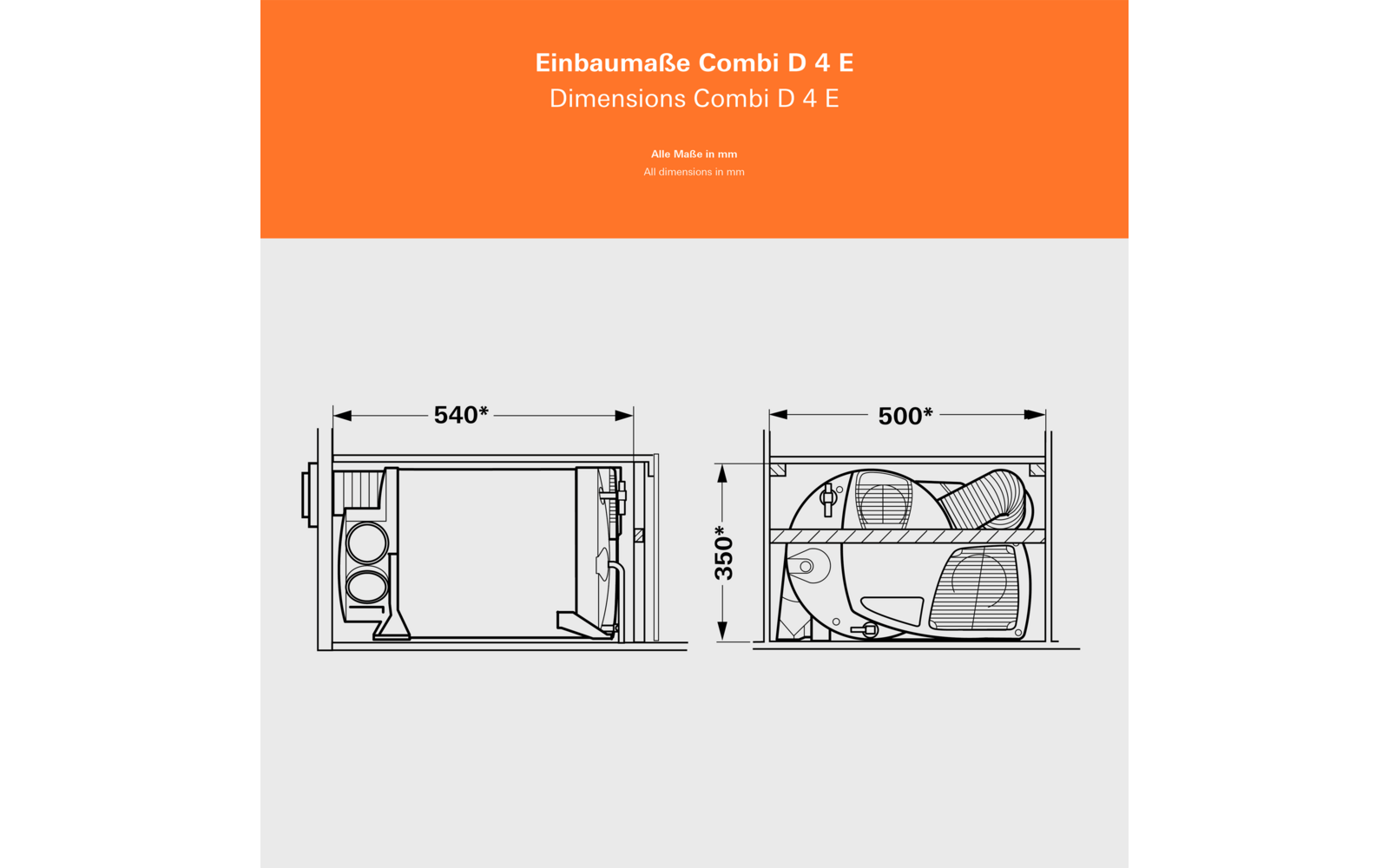 Technische Zeichnung einer Einbaumikrowelle Combi D 4 E mit Abmessungen 540 mm Breite und 560 mm Tiefe