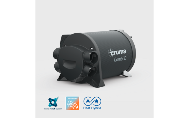 Schwarzes Heizungssystemgerät mit der Aufschrift Truma Combi D auf weißem Hintergrund