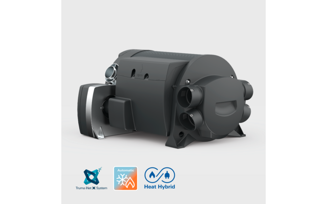 Schwarzes hybrides Gerät mit mehreren Öffnungen und Anschlüssen, auf weißem Hintergrund