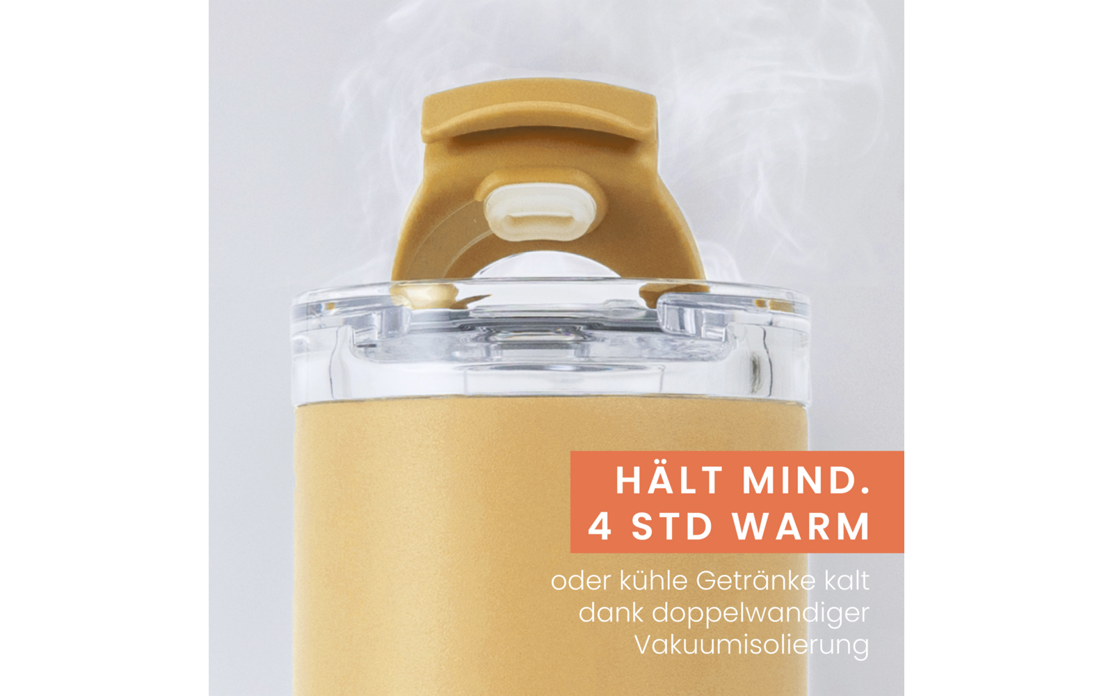 Nahaufnahme eines gelben Thermobechers mit transparentem Deckel, aufsteigendem Dampf; orangefarbener Aufkleber mit weißer Schrift 'HÄLT MIND. 4 STD WARM' und darunter 'oder kühle Getränke kalt dank doppelwandiger Vakuumisolierung'
