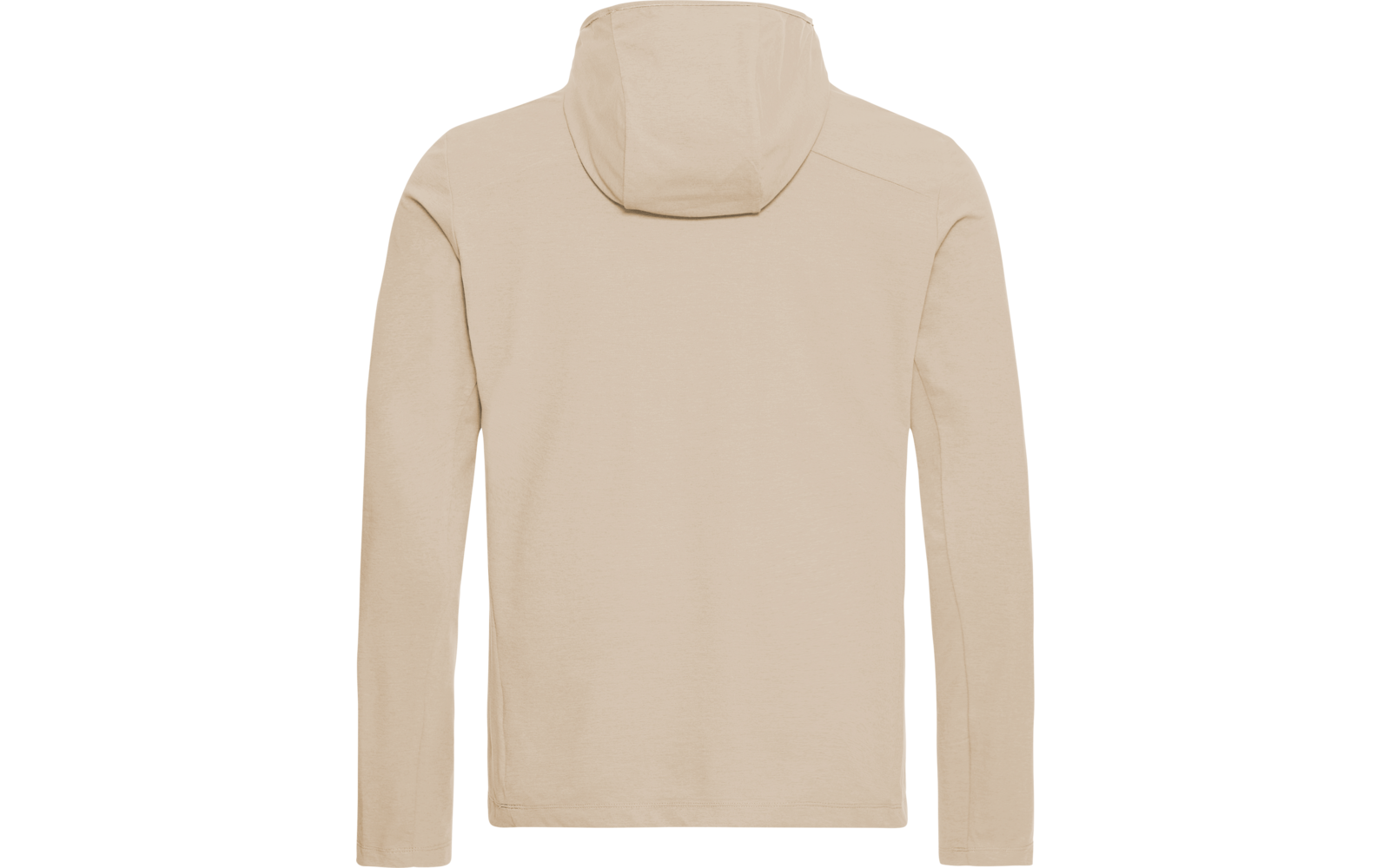 Rückansicht eines beigen Kapuzenpullovers auf weißem Hintergrund