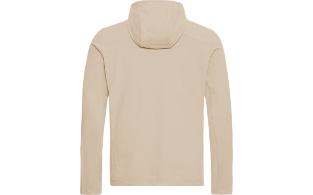 Rückansicht eines beigen Kapuzenpullovers auf weißem Hintergrund