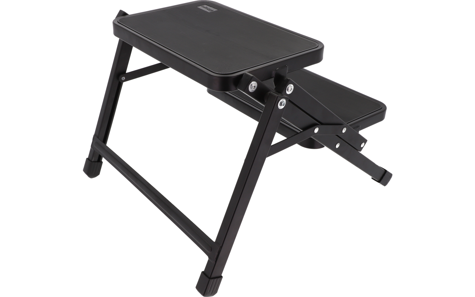 Marchepied noir à deux niveaux avec marches rectangulaires et structure métallique avec vis apparentes