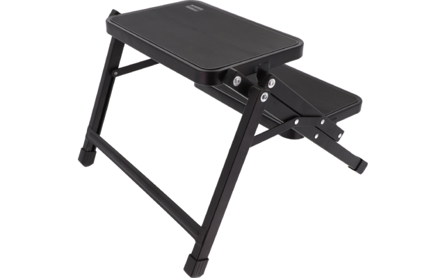 Marchepied noir à deux niveaux avec marches rectangulaires et structure métallique avec vis apparentes