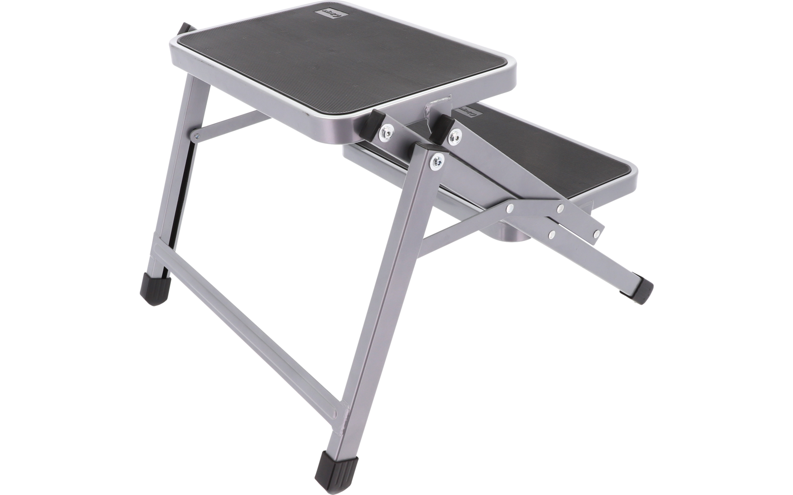 Zweistufiger Metalltritt mit zwei schwarzen rutschfesten Trittflächen und Gummifüßen