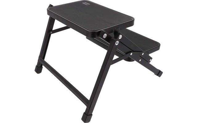 Marchepied noir à deux niveaux avec marches rectangulaires et structure métallique avec vis apparentes