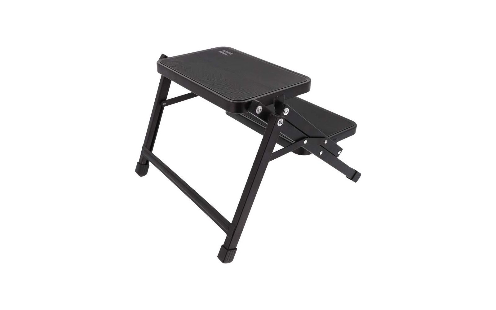 Marchepied noir à deux niveaux avec marches rectangulaires et structure métallique avec vis apparentes