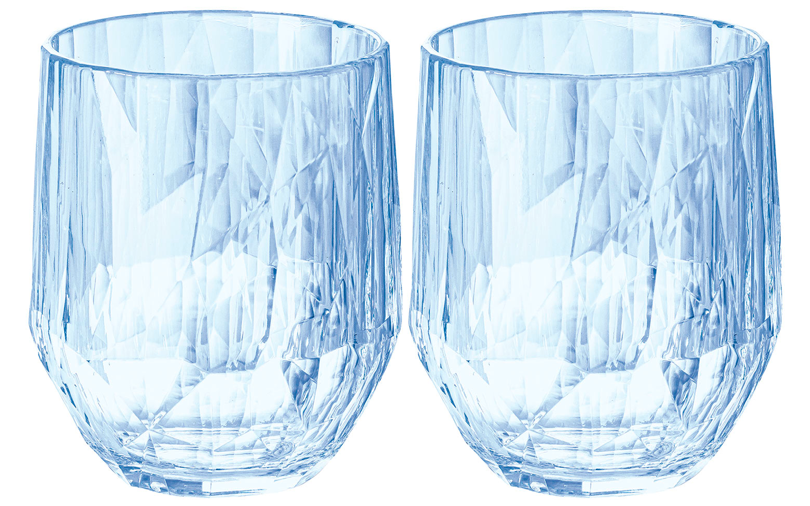 Zwei klarglasige Wassergläser mit facettiertem Design