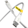 Witte datakabel met Lightning- en USB-C-connectoren, sticker met 1 m label