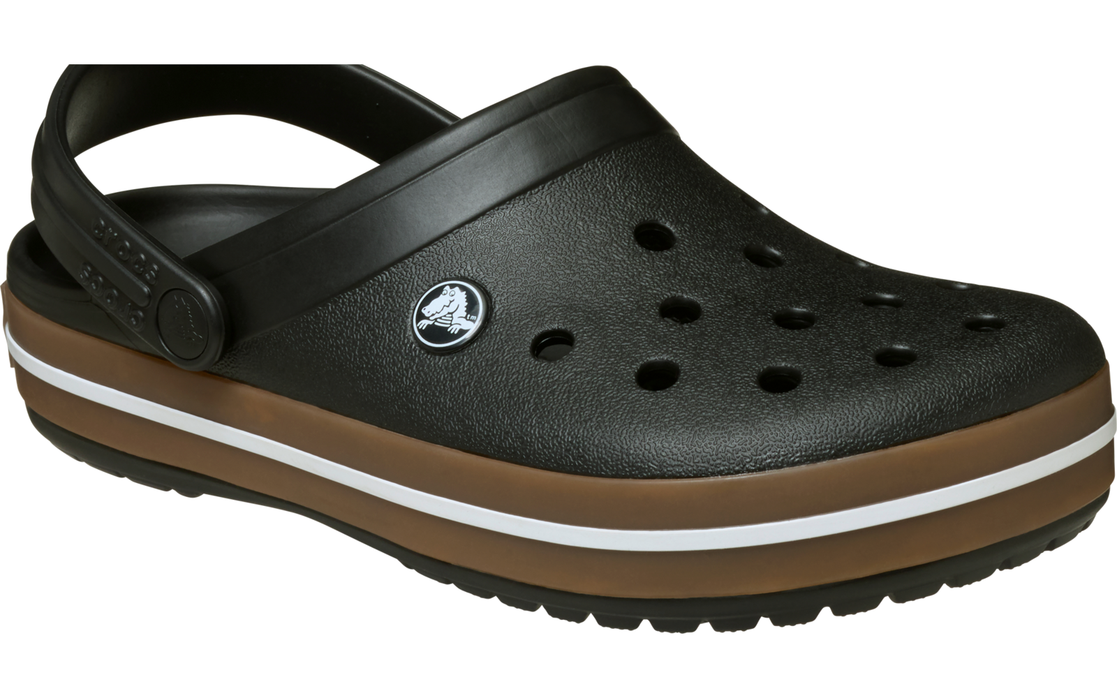 Schwarzer Clog mit Lüftungsöffnungen, rückwärtigem Riemen und braun-weißer Sohle