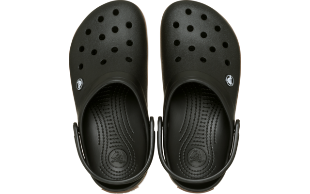 Schwarze Clogs, Draufsicht, Lüftungsöffnungen, Fersenriemen und runde Logo‑Knöpfe