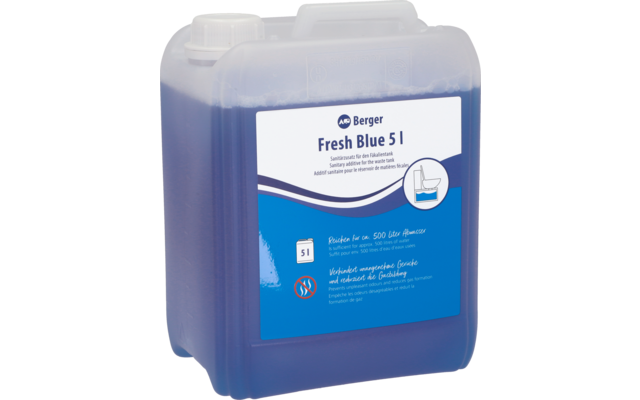 A blue bottle with a white cap and a white label with text