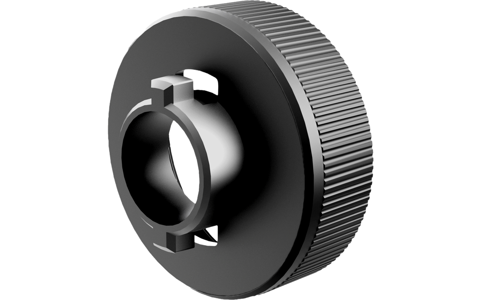 Dunkelgraues rundes Element mit geriffelter Außenkante, zentraler zylindrischer Erhebung, kreisförmiger Öffnung und vier rechteckigen Aussparungen