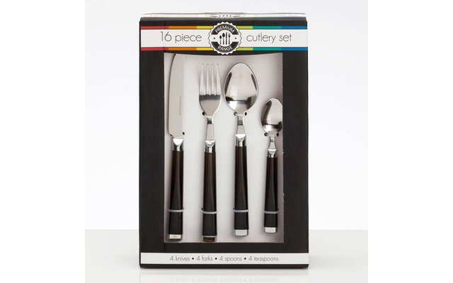 Confezione nera con finestra: da sinistra a destra un coltello, una forchetta, un cucchiaio grande e un cucchiaino con manici neri; in alto la scritta "16 piece cutlery set"