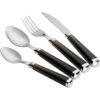 Four pieces of cutlery: a knife, a fork and two spoons with dark handles and metal heads, placed side by side on a white background