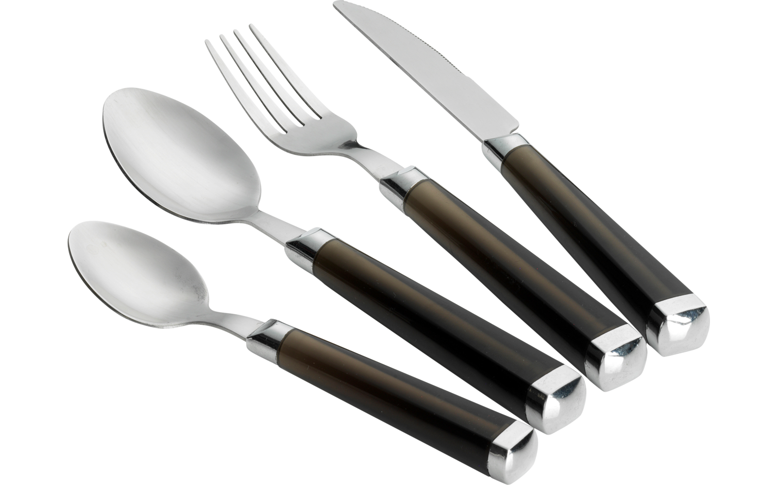 Four pieces of cutlery: a knife, a fork and two spoons with dark handles and metal heads, placed side by side on a white background