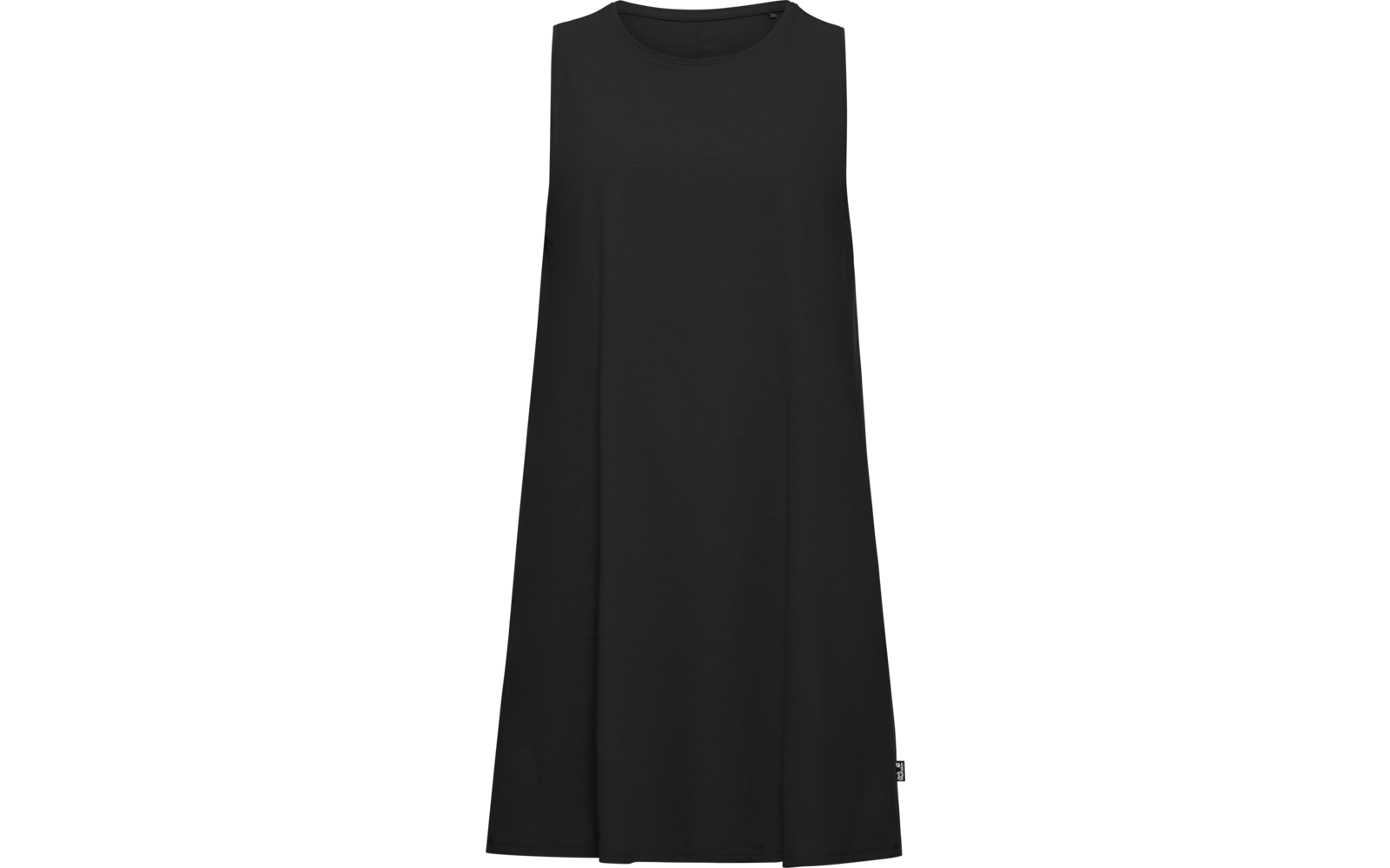 Schwarzes, einfarbiges, ärmelloses Kleid mit rundem Ausschnitt und weiter, ausgestellter Form