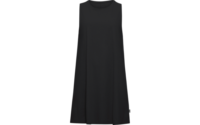 Schwarzes, einfarbiges, ärmelloses Kleid mit rundem Ausschnitt und weiter, ausgestellter Form