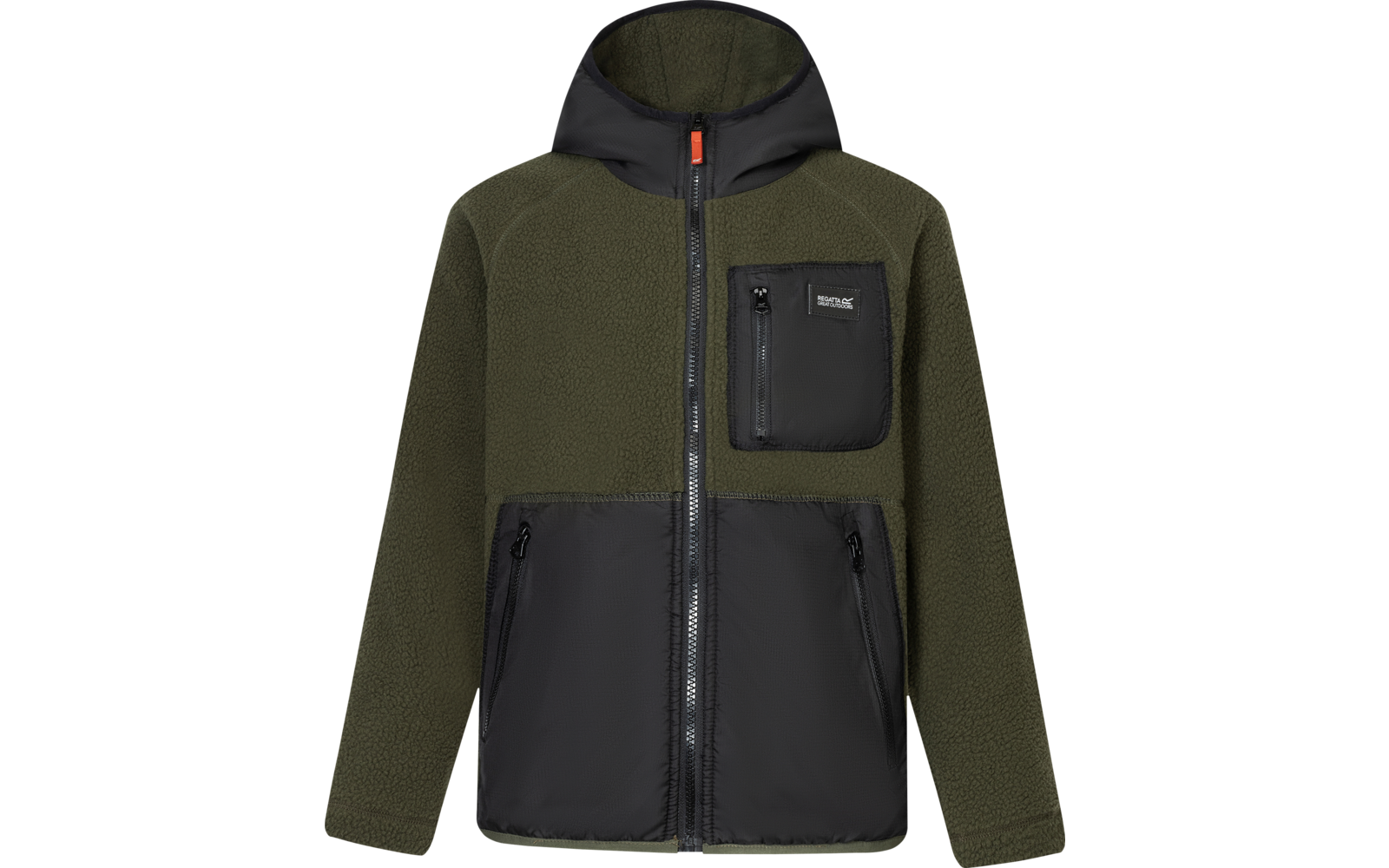 Olivegrüne Fleecejacke mit Kapuze, schwarzen Front- und Brustpanelen, durchgehendem Reißverschluss, Brusttasche mit Reißverschluss und zwei seitlichen Reißverschlusstaschen