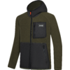 Olivegrüne Kapuzenjacke mit durchgehendem Reißverschluss, strukturierter Fleece-Oberfläche, schwarze glatte Einsätze an Brusttasche und unterem Vorderteil, rechteckige Brusttasche mit Reißverschluss und Etikett, seitliche Reißverschlusstasche rechts,