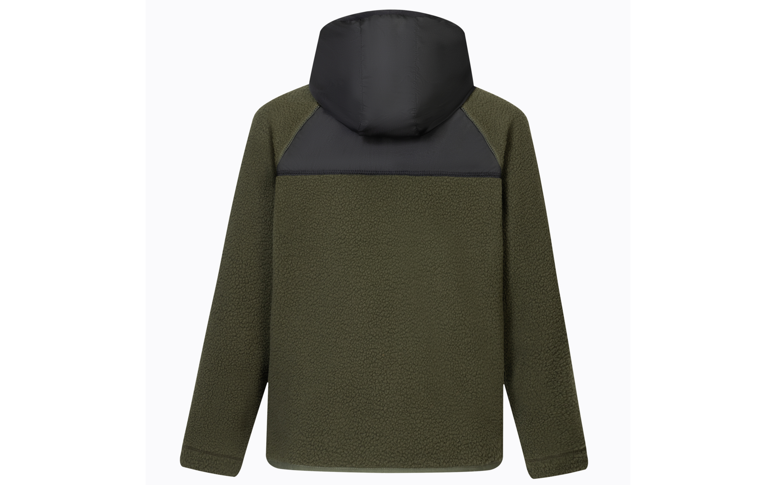 Rückenansicht einer olivgrünen Kapuzenjacke mit schwarzer Kapuze und schwarzem Schulterbesatz, fleeceähnliche Oberfläche, lange Ärmel