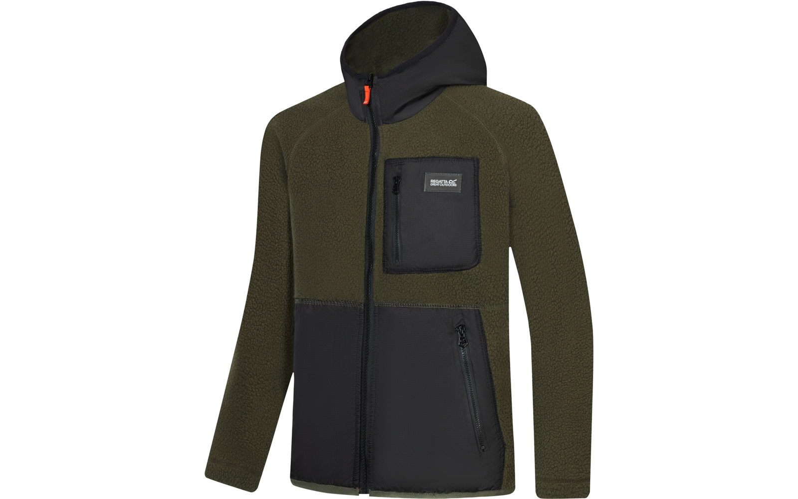 Olivegrüne Kapuzenjacke mit durchgehendem Reißverschluss, strukturierter Fleece-Oberfläche, schwarze glatte Einsätze an Brusttasche und unterem Vorderteil, rechteckige Brusttasche mit Reißverschluss und Etikett, seitliche Reißverschlusstasche rechts,