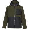 Olivegrüne Fleecejacke mit Kapuze, schwarzen Front- und Brustpanelen, durchgehendem Reißverschluss, Brusttasche mit Reißverschluss und zwei seitlichen Reißverschlusstaschen