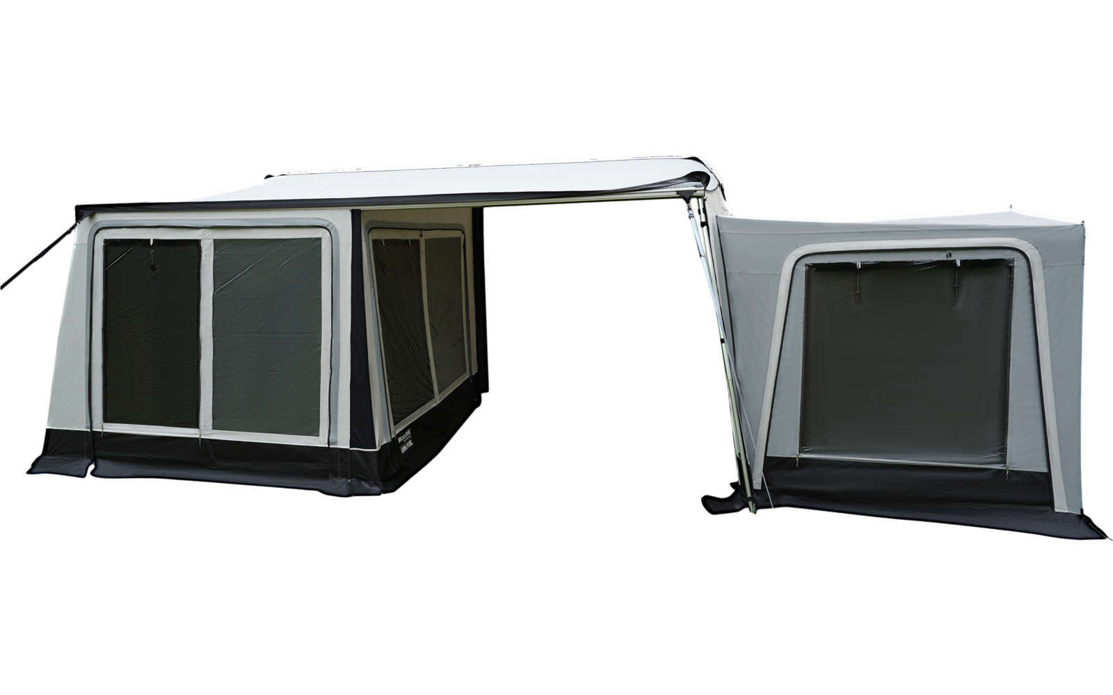 Zwei graue Vorzelte nebeneinander mit Fensterpaneelen und geschlossener Tür, weißer Hintergrund