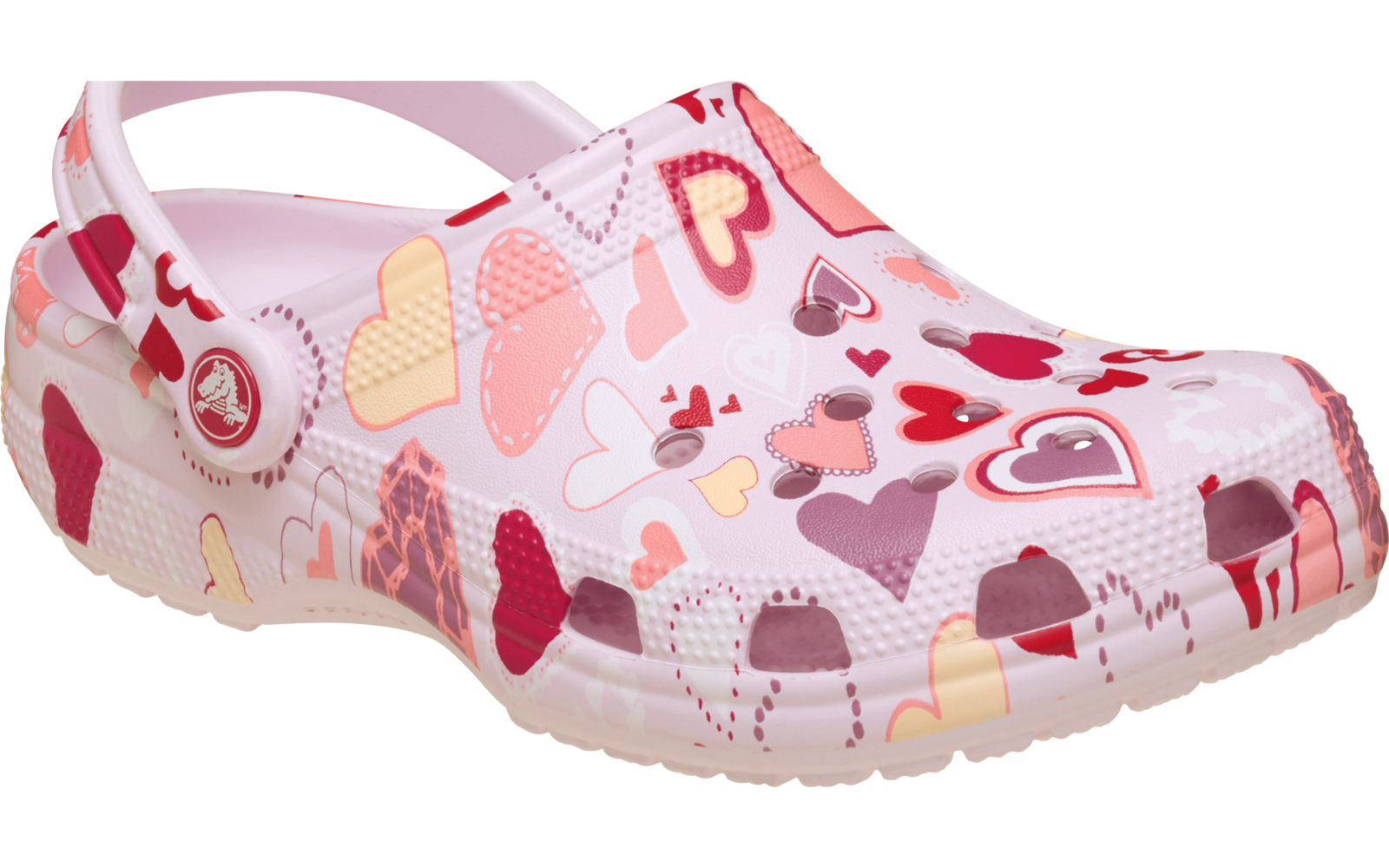 Rosa Clog mit mehrfarbigen Herzmotiven und Fersenriemen