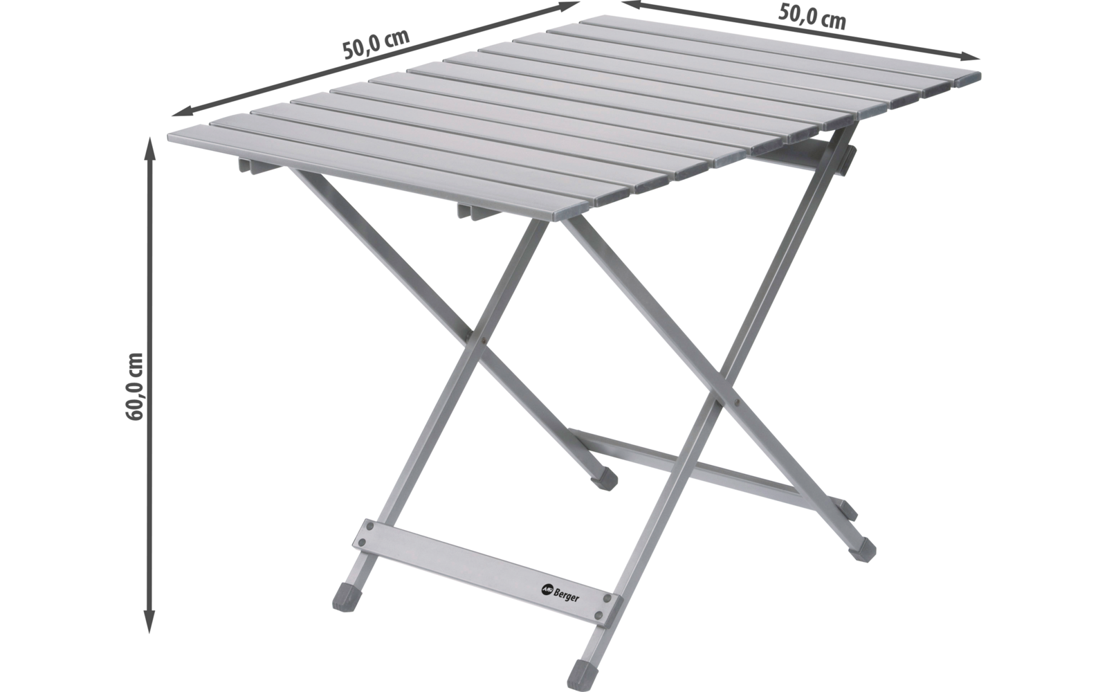 Quadratischer grauer Metalltisch mit schlitzförmiger Tischplatte, X-förmigem Gestell, Gummifüßen und Maßangaben 50,0 cm × 50,0 cm, Höhe 60,0 cm